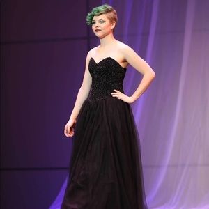 Black corseted ball gown worn in Miss Seattle/Miss Emerald city Outstanding Teen